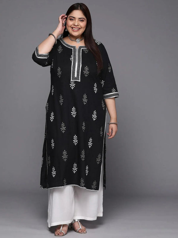 Plus Size Black Printed Cotton Straight Kurta - Jashvi