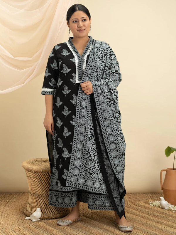 Plus Size Black Printed Cotton Suit Set - Jashvi