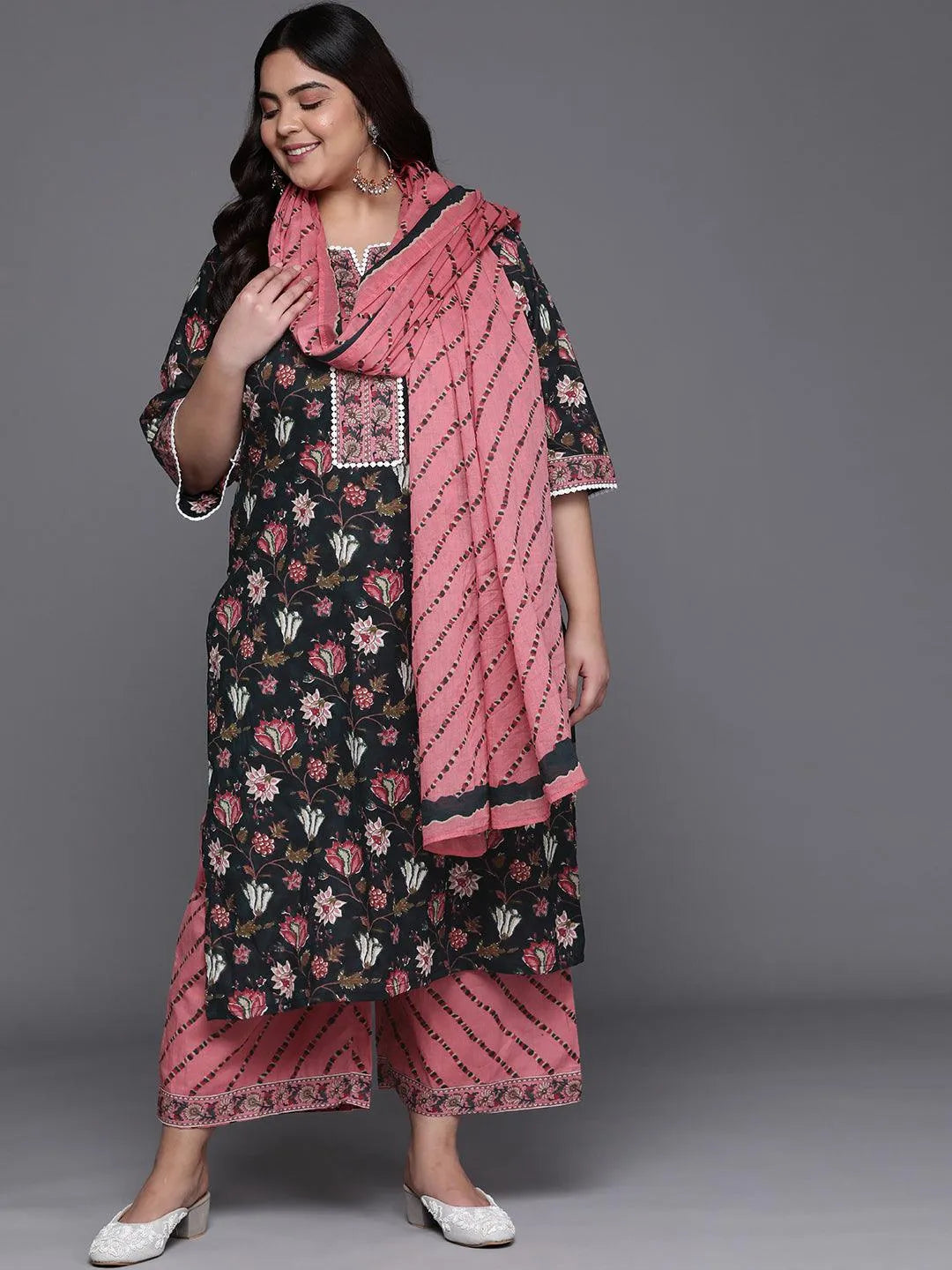 Plus Size Black Printed Cotton Suit Set - Jashvi