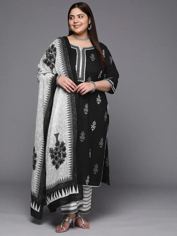 Plus Size Black Printed Cotton Suit Set With Trousers - Jashvi