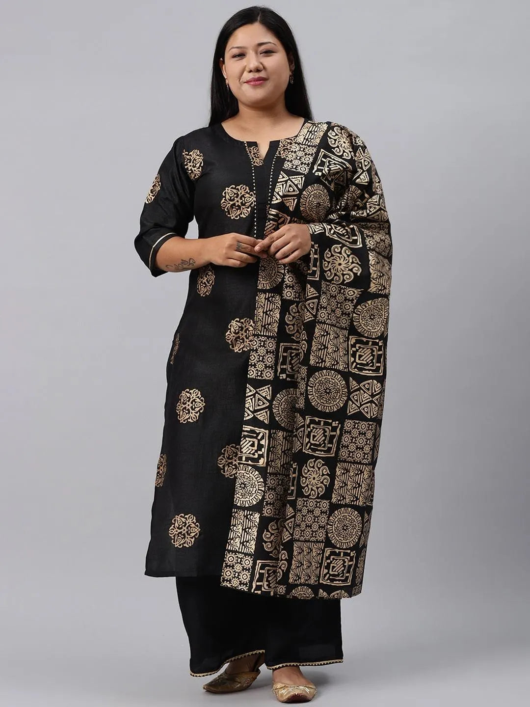 Plus Size Black Printed Silk Blend Suit Set - Jashvi