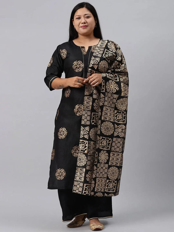 Plus Size Black Printed Silk Blend Suit Set - Jashvi