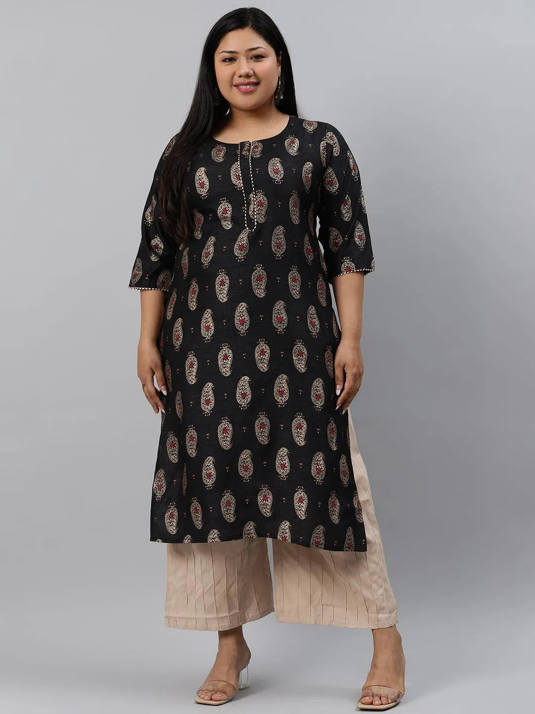 Plus Size Black Printed Silk Kurta - Jashvi