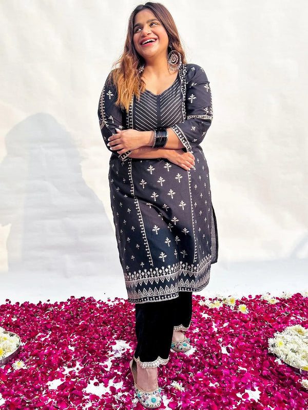 Plus Size Black Printed Silk Straight Kurta - Jashvi