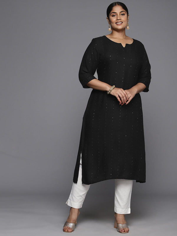 Plus Size Black Rayon Embroidered Straight Kurta - Jashvi