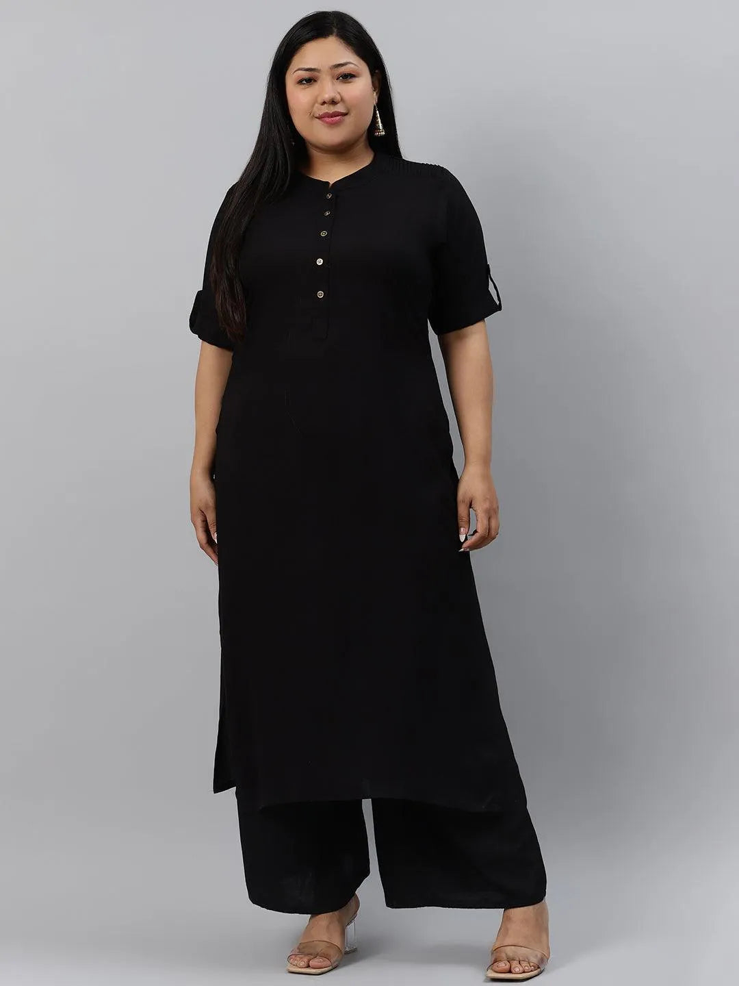 Plus Size Black Solid Rayon Kurta - Jashvi