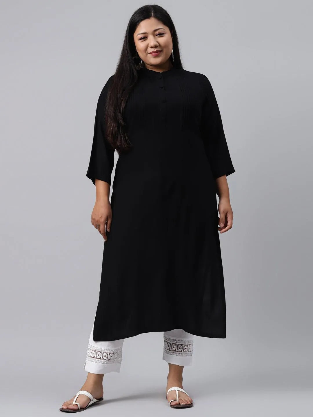 Plus Size Black Solid Rayon Kurta - Jashvi