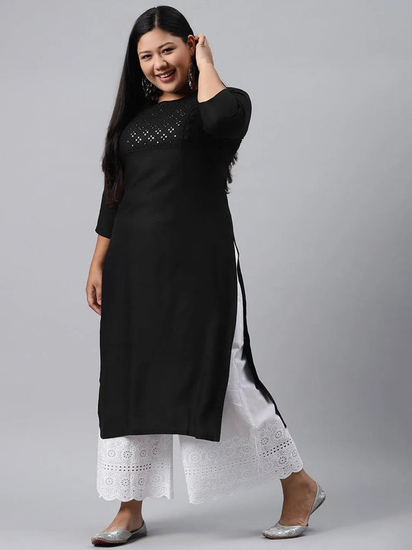 Plus Size Black Solid Rayon Kurta - Jashvi