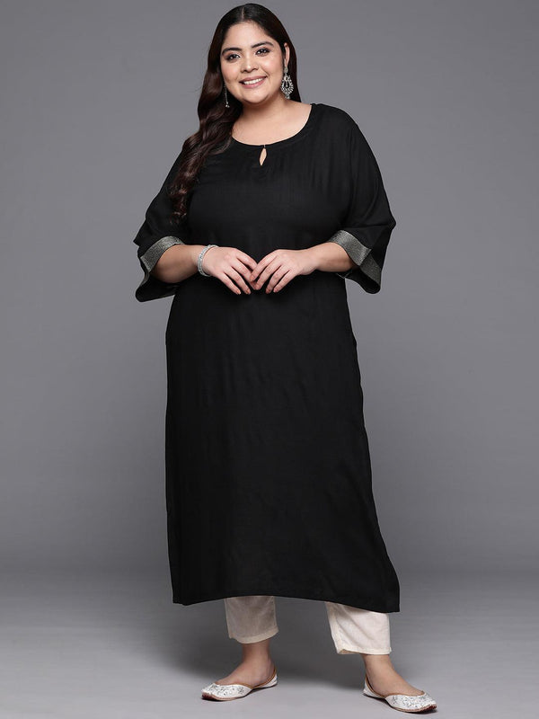 Plus Size Black Solid Rayon Straight Kurta - Jashvi