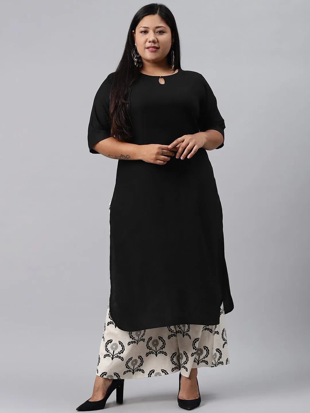 Plus Size Black Solid Rayon Kurta Set - Jashvi