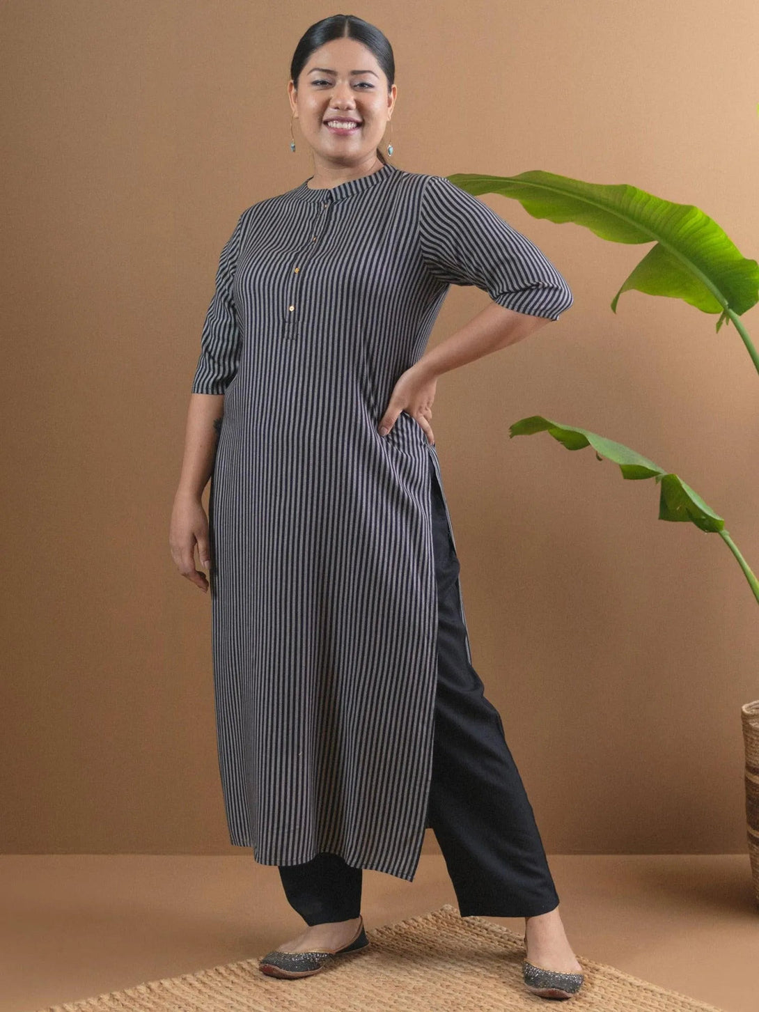 Plus Size Black Striped Rayon Kurta - Jashvi