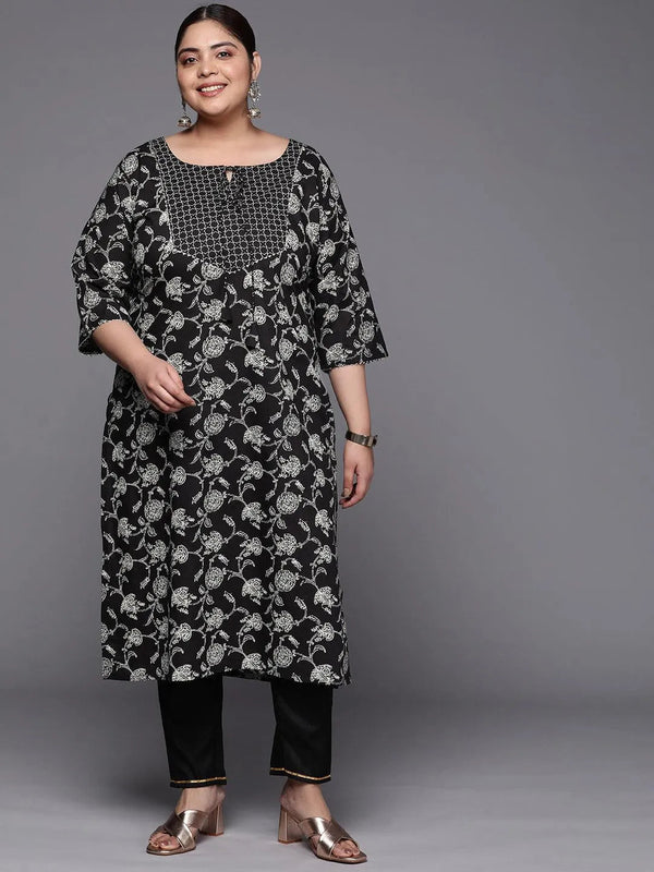 Plus Size Black Yoke Design Cotton Straight Kurta - Jashvi