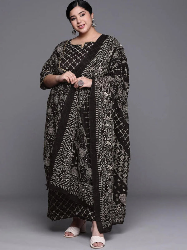 Plus Size Black Yoke Design Cotton Suit Set - Jashvi