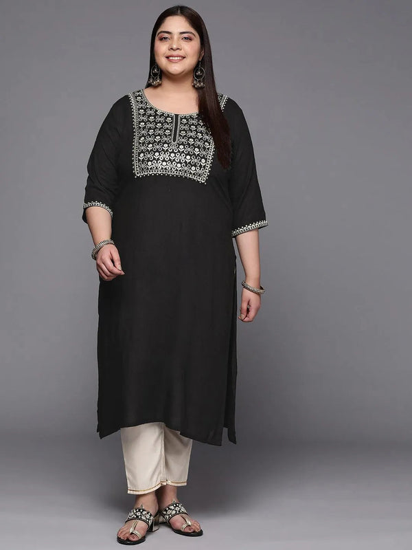 Plus Size Black Yoke Design Rayon Straight Kurta - Jashvi