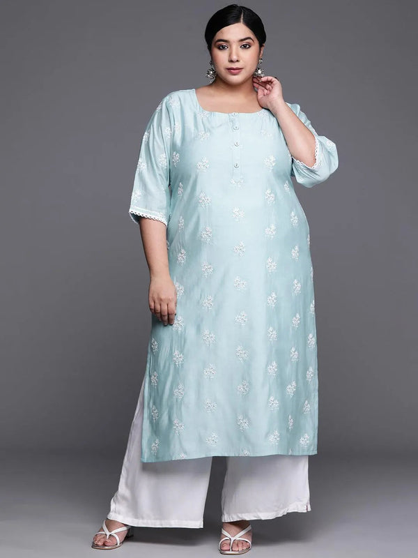 Plus Size Blue Embroidered Chanderi Silk Kurta - Jashvi