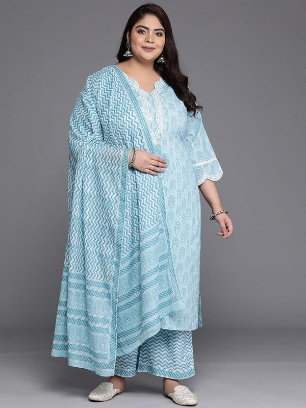 Plus Size Blue Embroidered Cotton Straight Suit Set - Jashvi