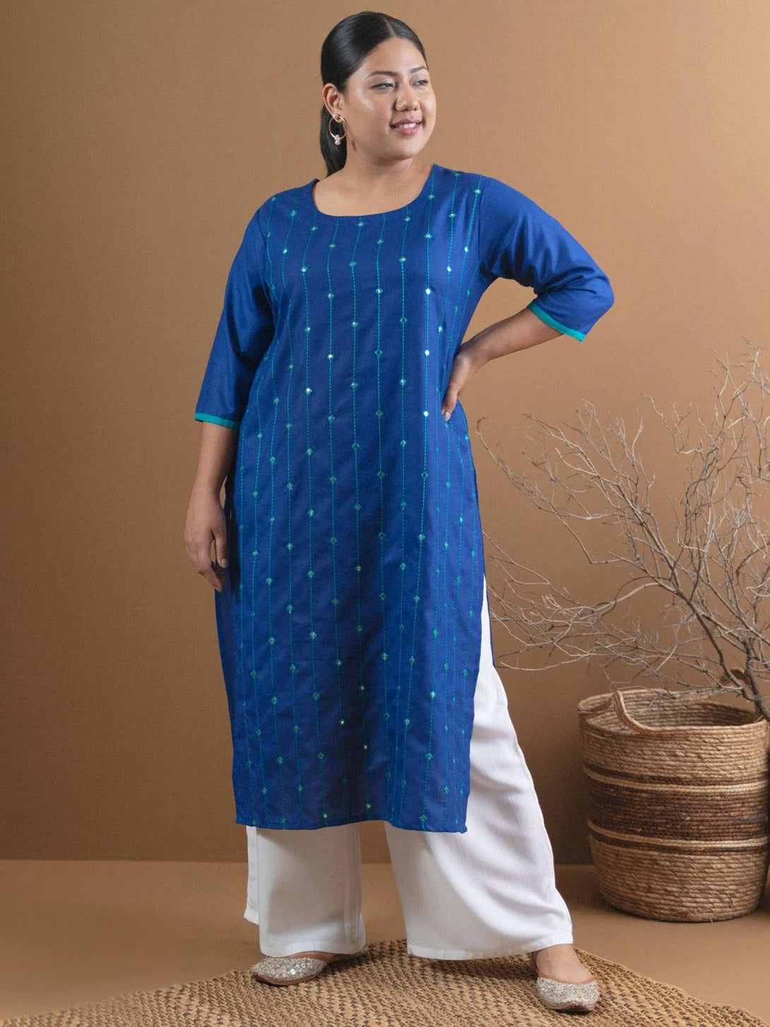 Plus Size Blue Mirror Work Cotton Kurta - Jashvi