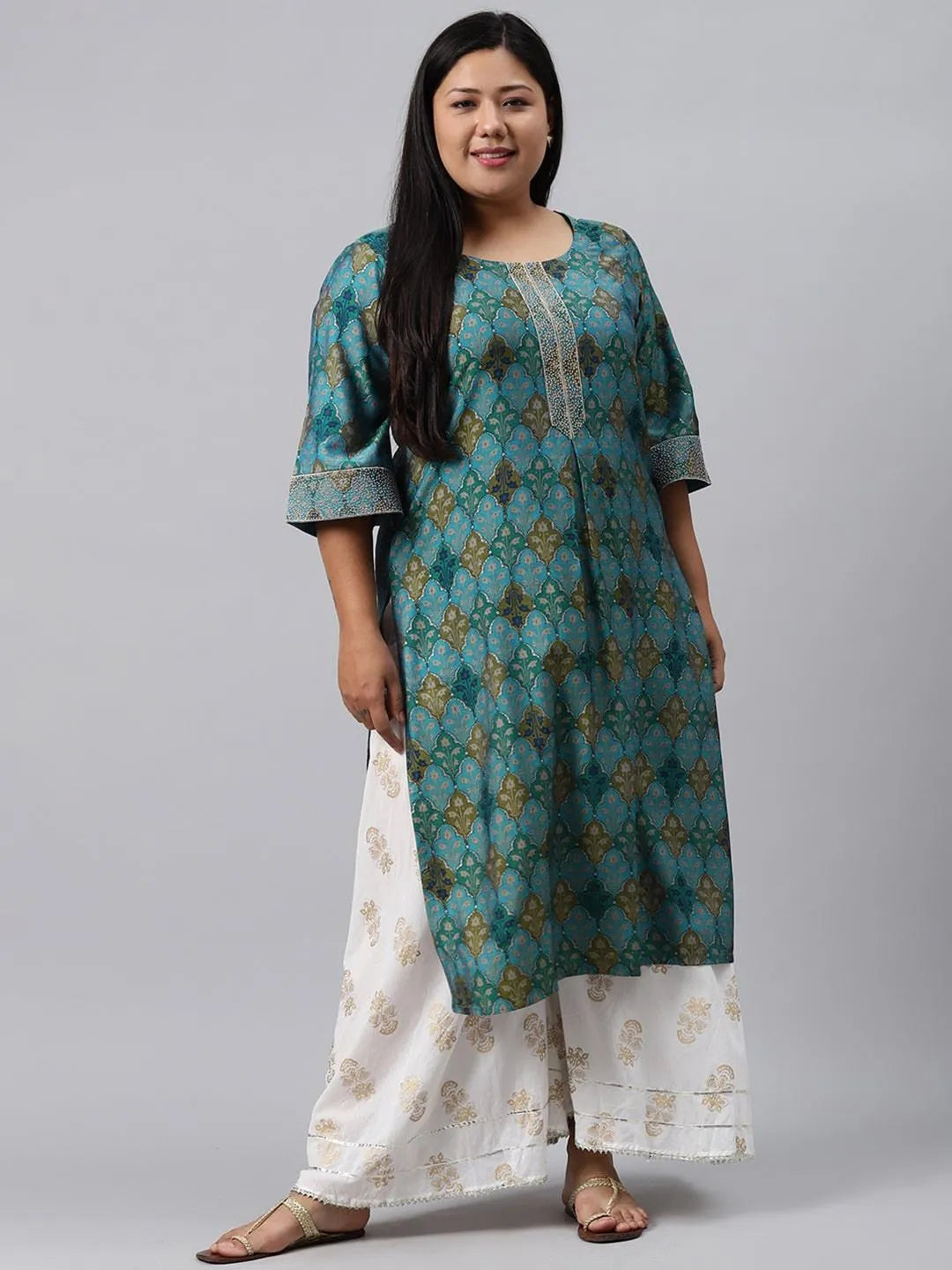 Plus Size Blue Printed Chanderi Silk Kurta - Jashvi