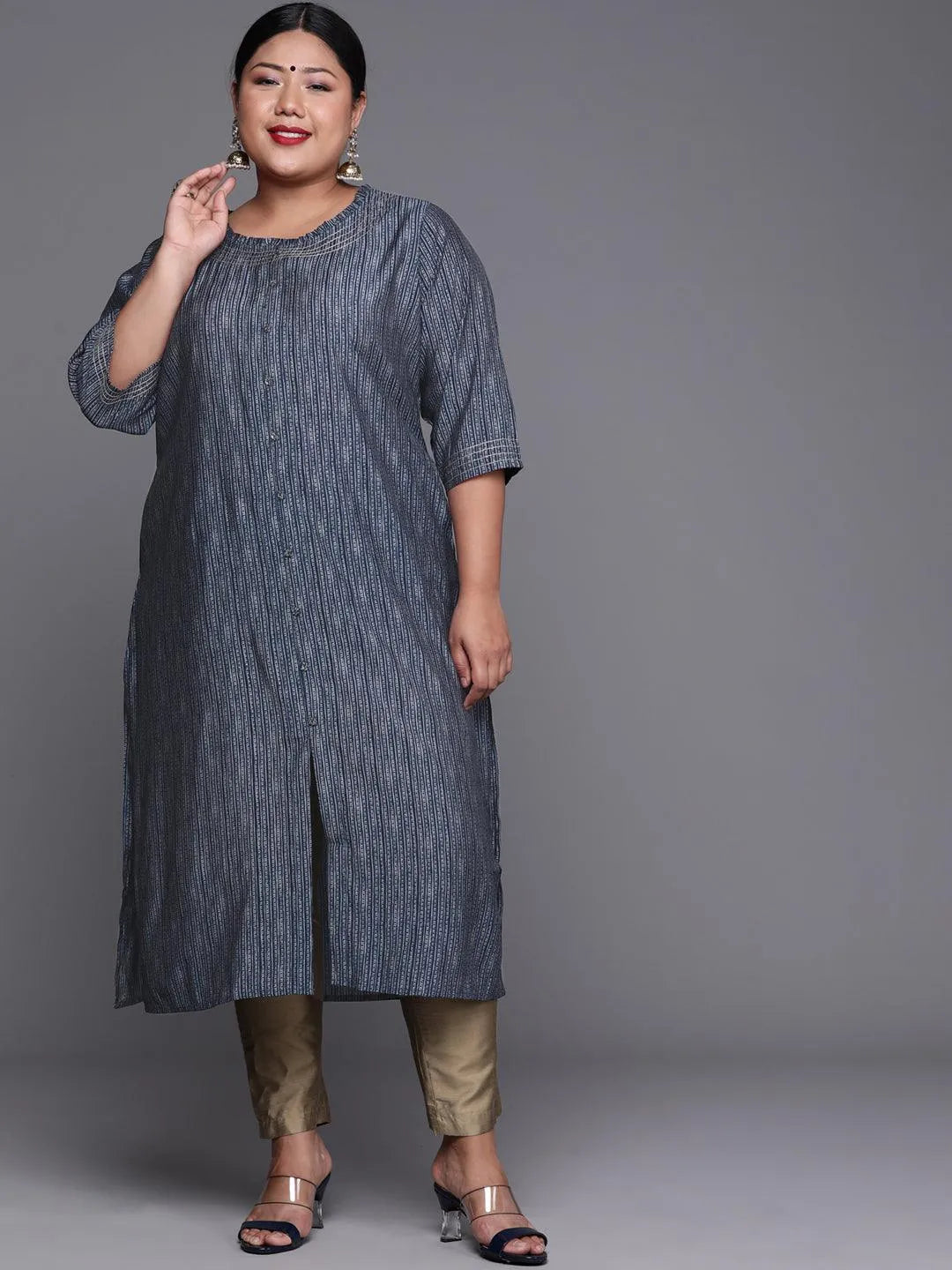 Plus Size Blue Printed Chanderi Silk Kurta - Jashvi