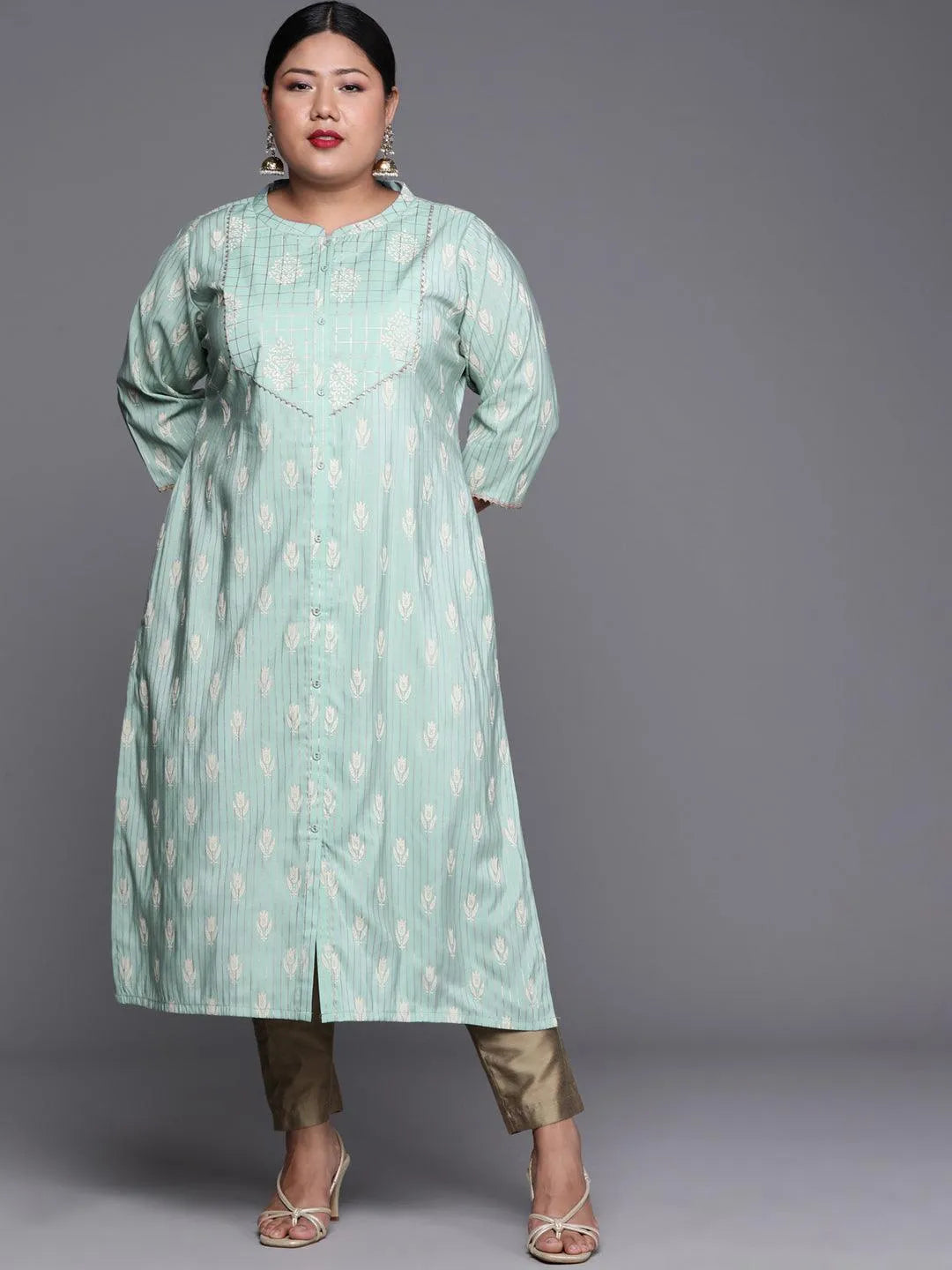 Plus Size Blue Printed Chanderi Silk Kurta - Jashvi