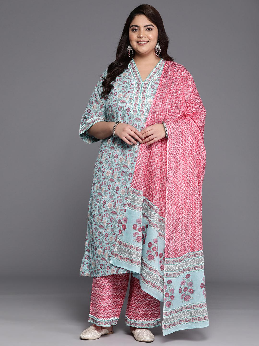 Plus Size Blue Printed Cotton A-Line Suit Set - Jashvi