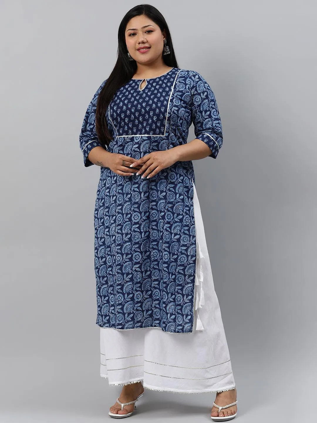 Plus Size Blue Printed Cotton Kurta - Jashvi