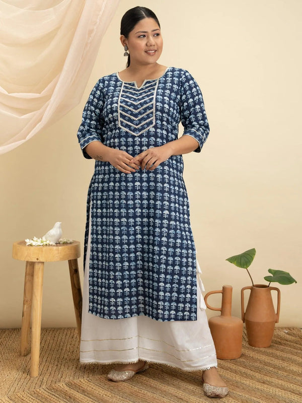 Plus Size Blue Printed Cotton Kurta - Jashvi