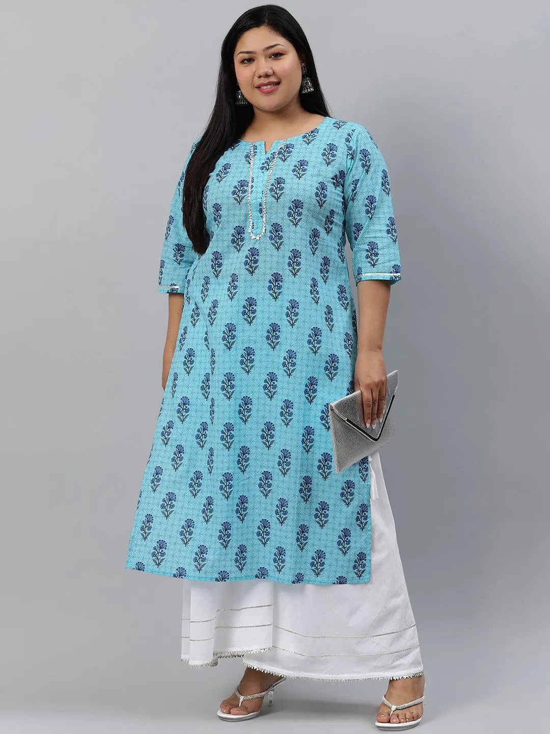 Plus Size Blue Printed Cotton Kurta - Jashvi