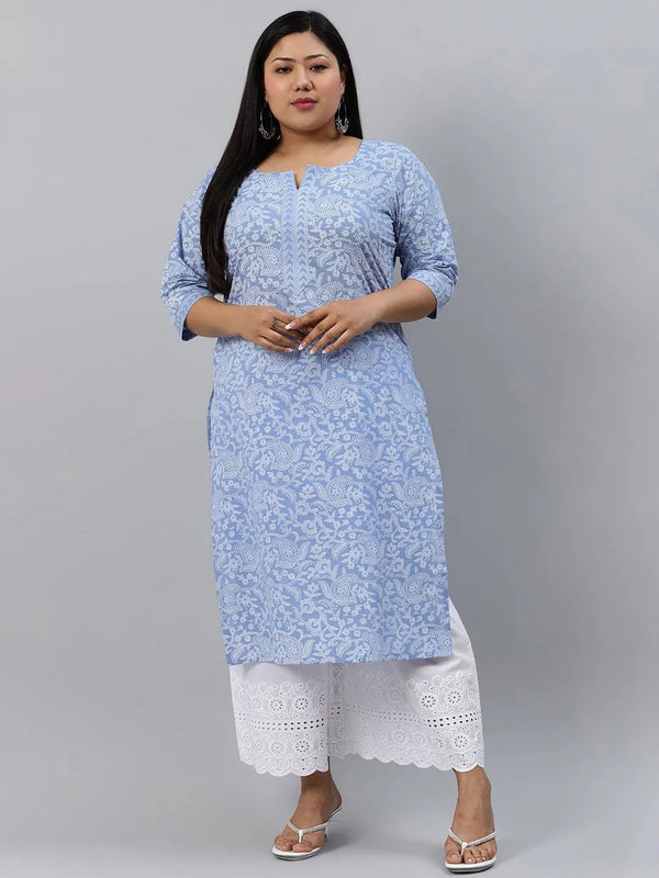 Plus Size Blue Printed Cotton Kurta - Jashvi