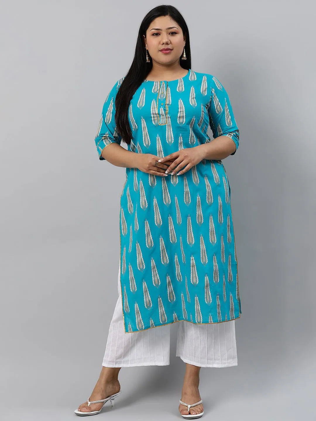 Plus Size Blue Printed Cotton Kurta - Jashvi