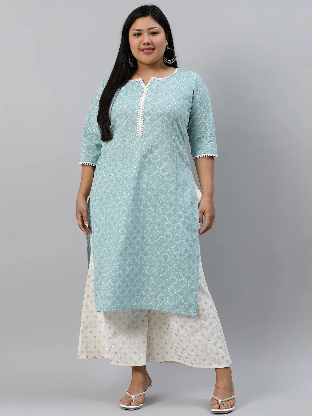 Plus Size Blue Printed Cotton Kurta - Jashvi