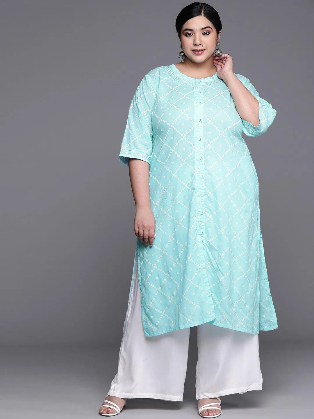 Plus Size Blue Printed Cotton Kurta - Jashvi