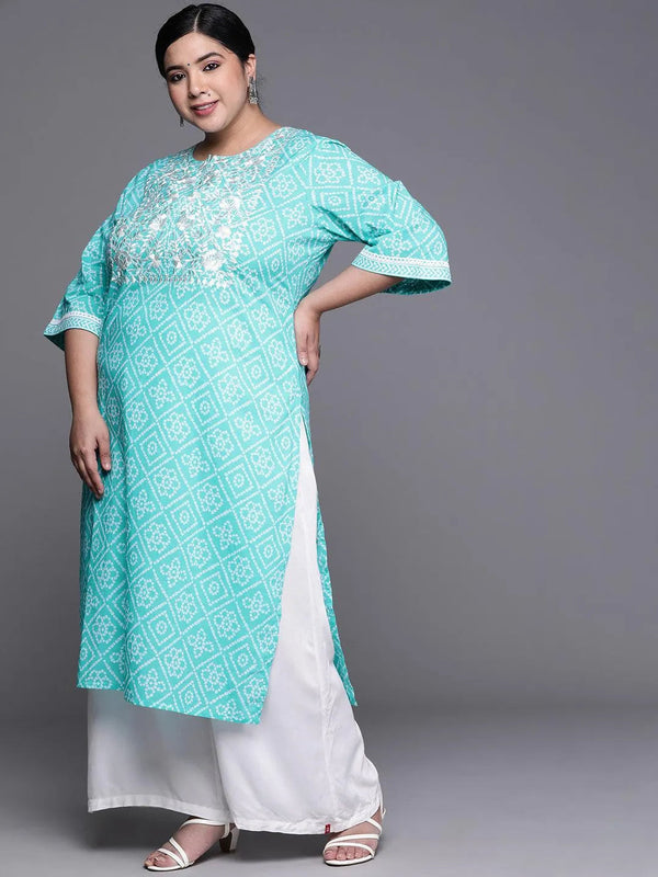 Plus Size Blue Yoke Design Cotton Kurta - Jashvi