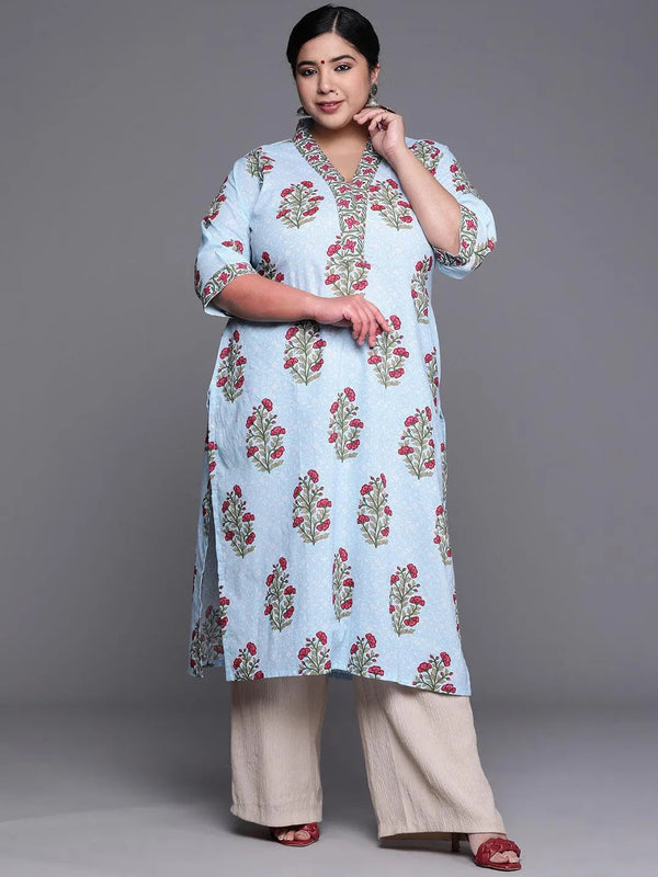 Plus Size Blue Printed Cotton Kurta - Jashvi