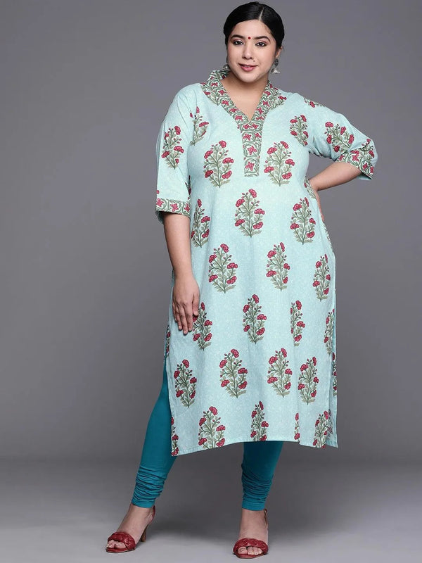 Plus Size Blue Printed Cotton Kurta - Jashvi