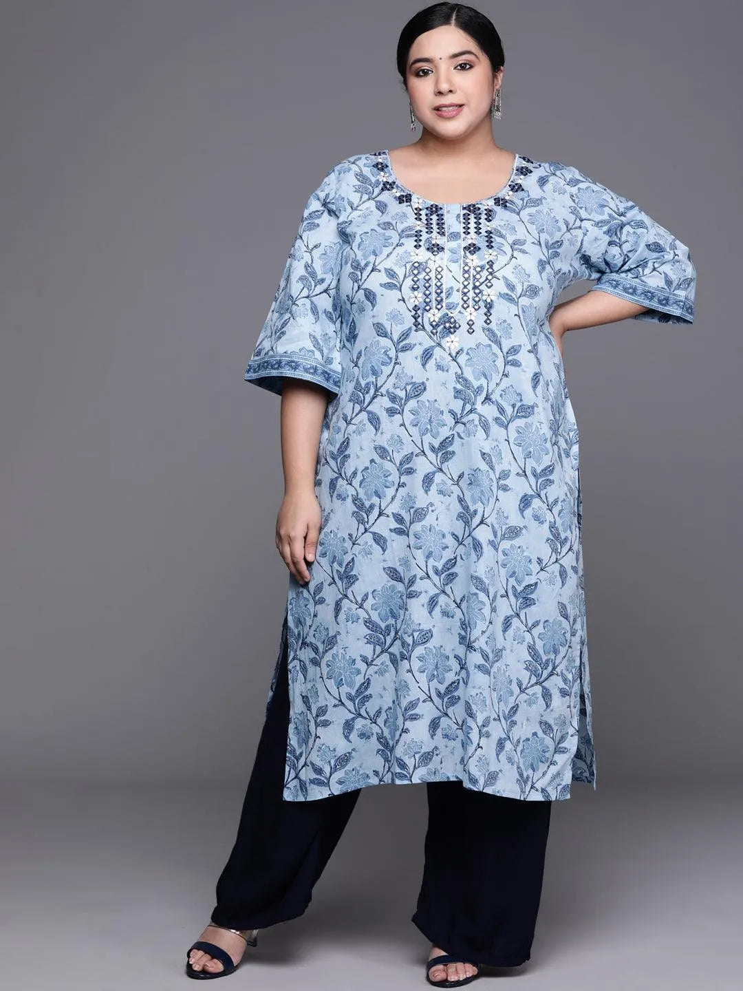 Plus Size Blue Printed Cotton Kurta - Jashvi