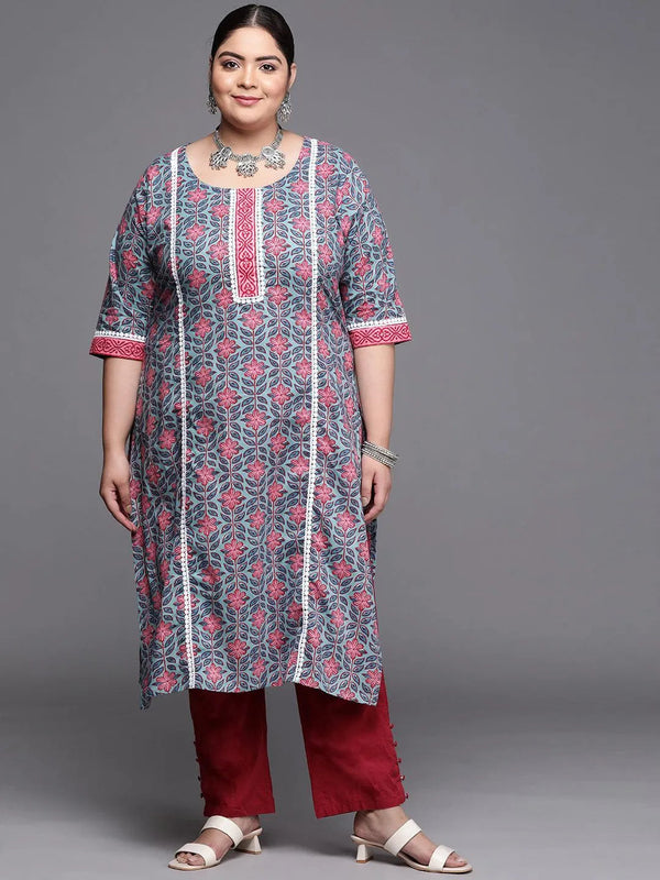 Plus Size Blue Printed Cotton Kurta - Jashvi