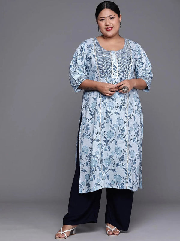 Plus Size Blue Printed Cotton Kurta - Jashvi