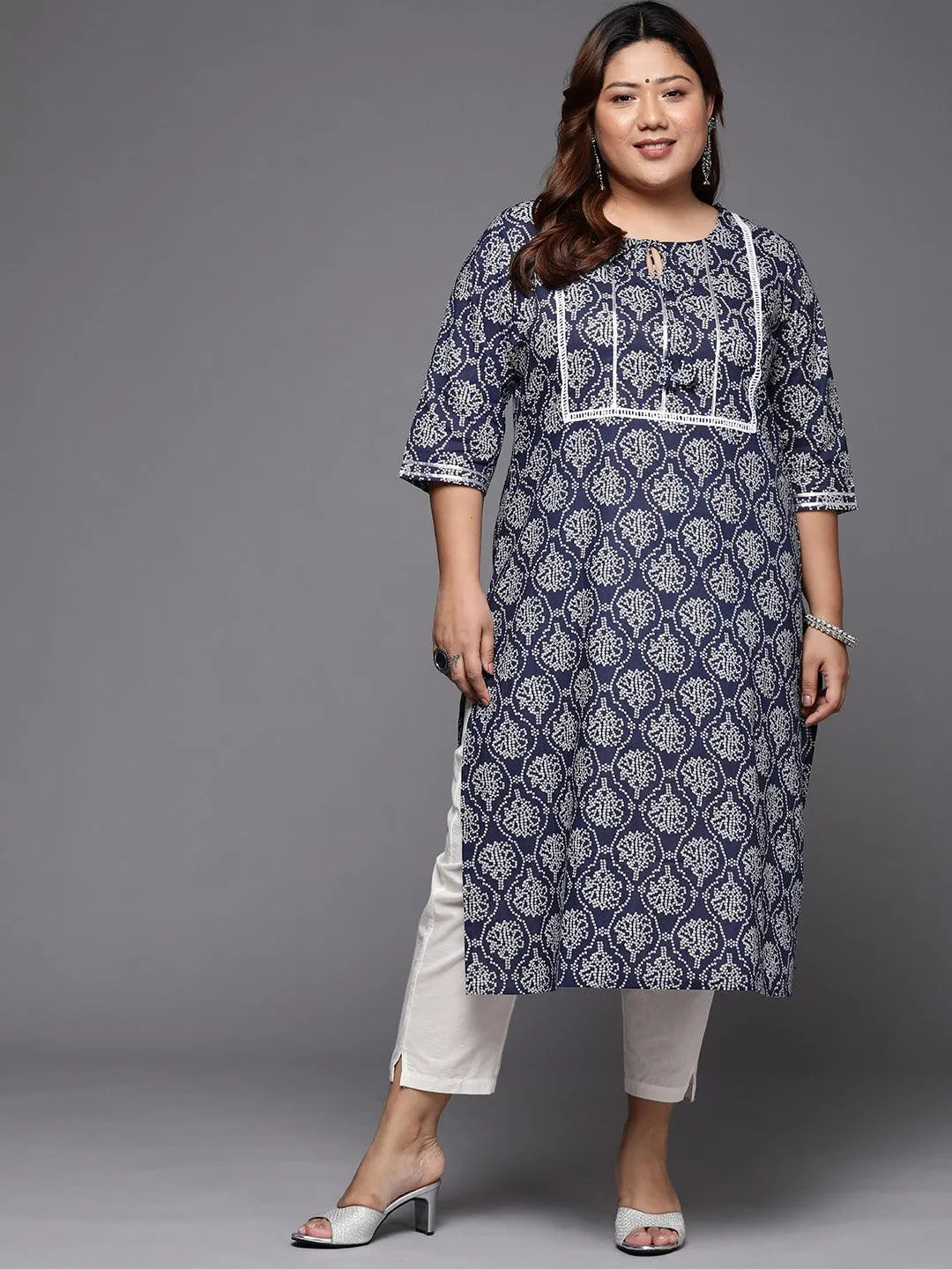 Plus Size Blue Printed Cotton Straight Kurta - Jashvi