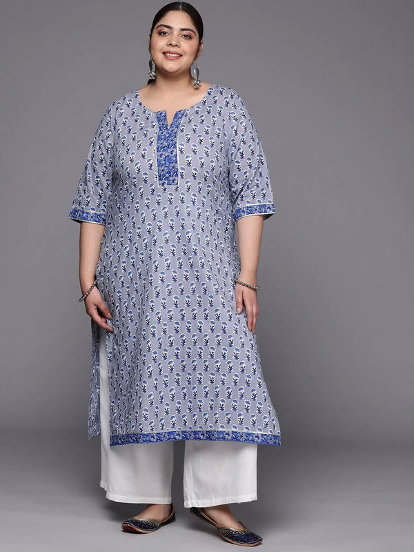 Plus Size Blue Printed Cotton Straight Kurta - Jashvi