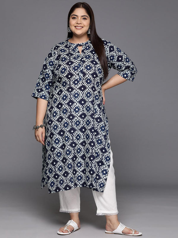 Plus Size Blue Printed Cotton Straight Kurta - Jashvi