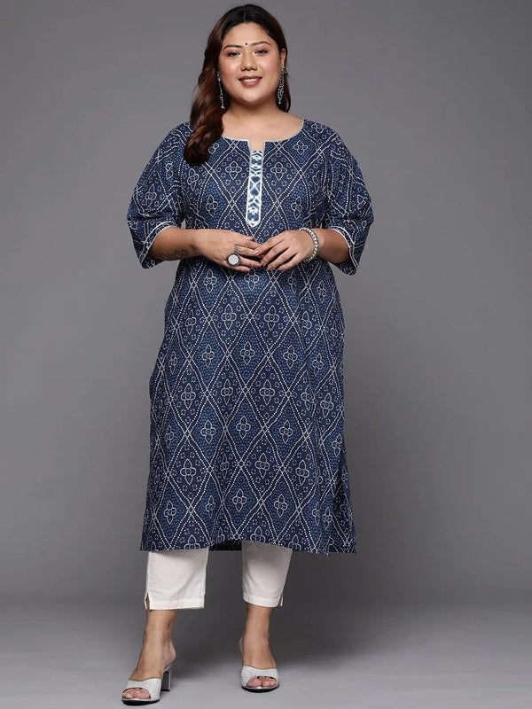 Plus Size Blue Printed Cotton Straight Kurta - Jashvi