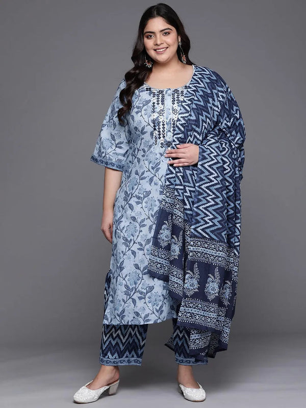 Plus Size Blue Printed Cotton Straight Kurta With Dupatta