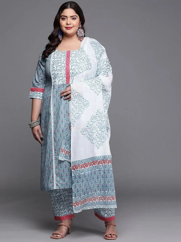 Plus Size Blue Printed Cotton Suit Set - Jashvi