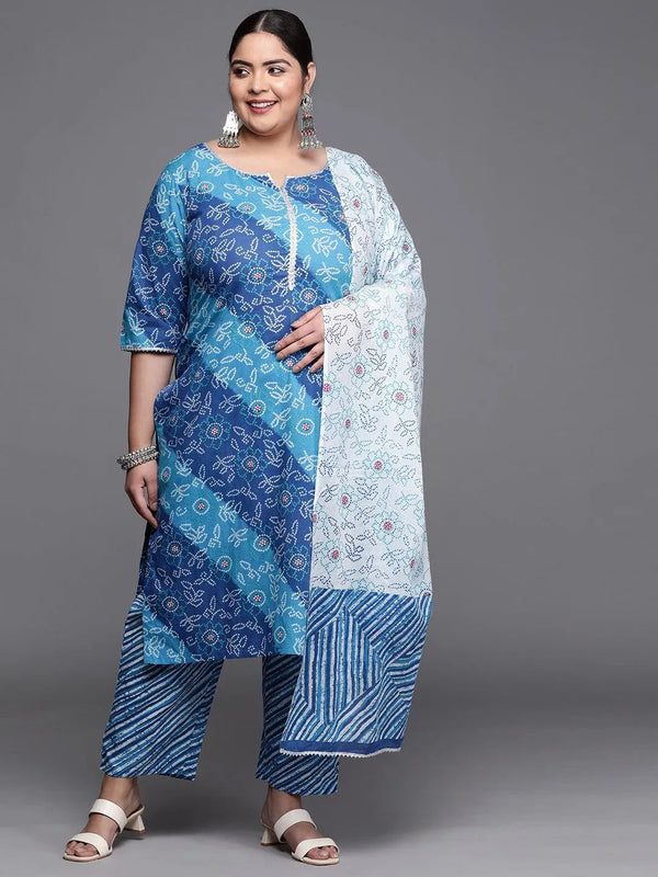 Plus Size Blue Printed Cotton Suit Set - Jashvi