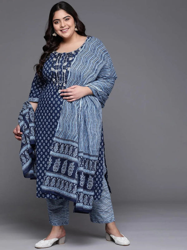 Plus Size Blue Printed Cotton Suit Set - Jashvi