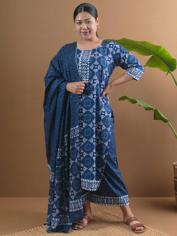 Plus Size Blue Printed Cotton Suit Set - Jashvi