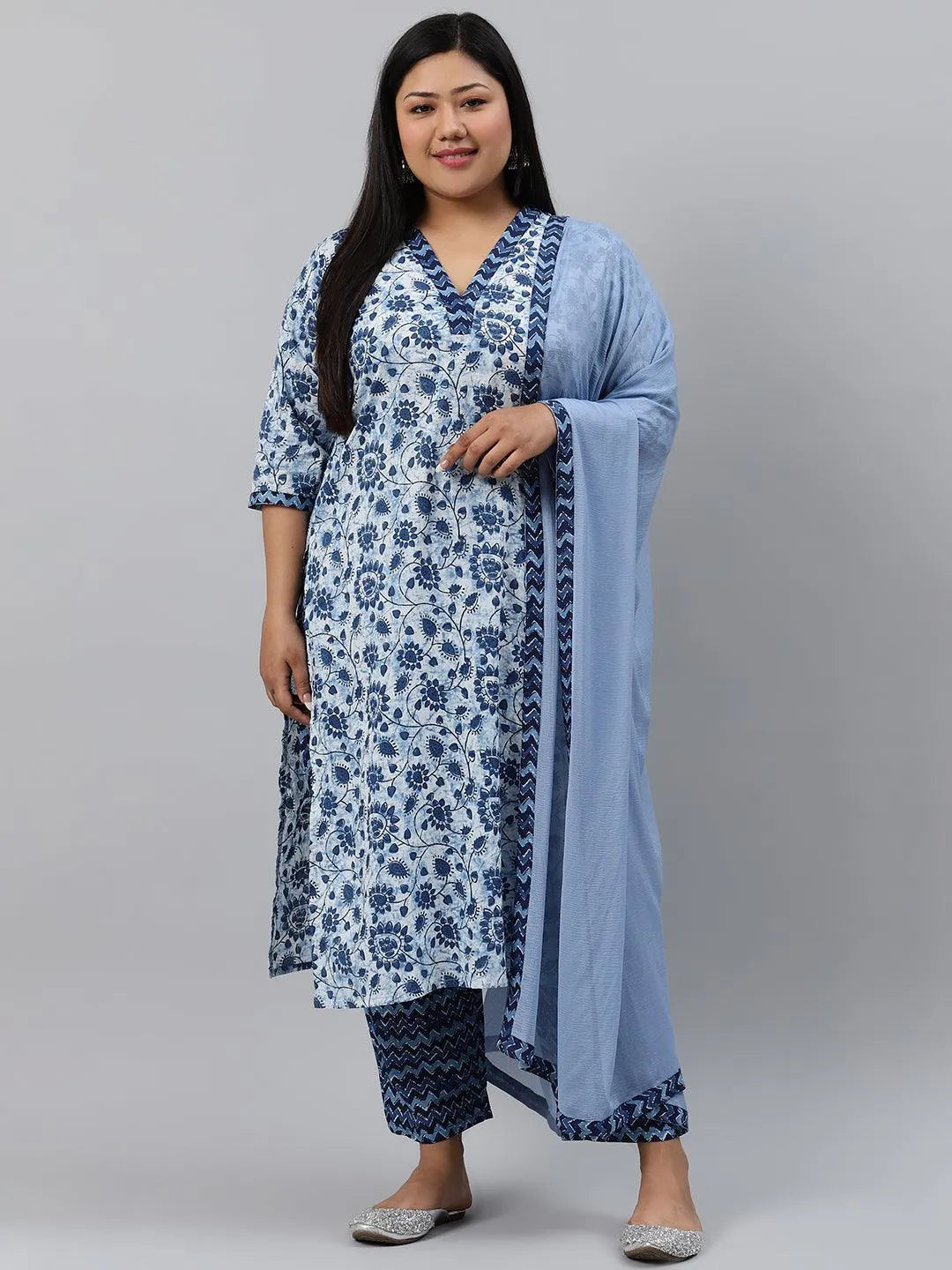 Plus Size Blue Printed Cotton Suit Set - Jashvi