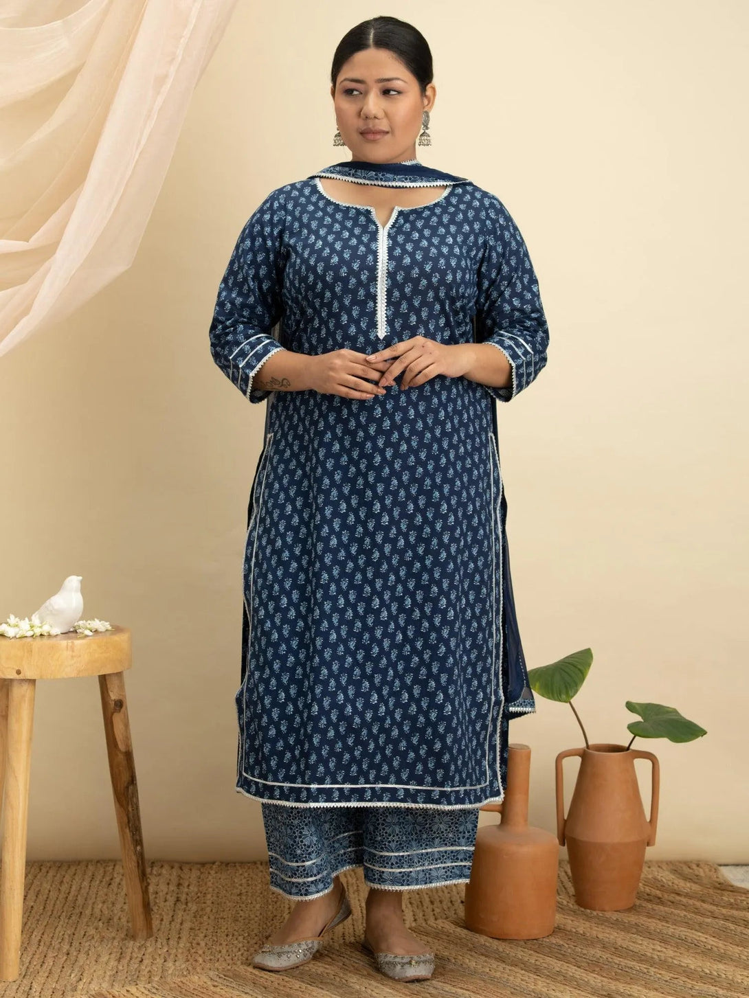 Plus Size Blue Printed Cotton Suit Set - Jashvi