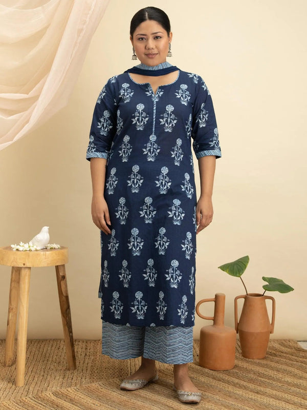 Plus Size Blue Printed Cotton Suit Set - Jashvi